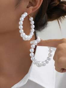 1 Pair Fashionable Versatile Pearl Hoop Earrings, Jewelry Accessory Suitable For Daily Wear - Holiday Gift - White - View 1