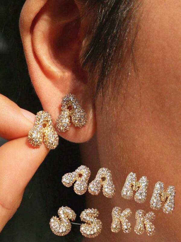 1pair Bubble Initial Letter Stud Earrings Dainty Bubble Cubic Zirconia 26 Letter A-Z Personalized Name Ear Studs Valentine's Day Jewelry Birthday Gift For Women And Girls