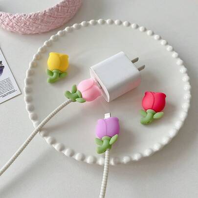 4pcs Decorative Tulip PVC Cable Protector - Durable Phone Charging Cable Protector, Compatible With USB & Wireless Earphones, Anti-Bending Cable Sleeve