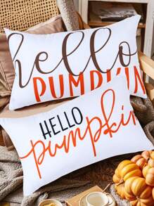 2pcs 50*30cm Hello Pumpkin Pattern Rectangular Waist Pillow Case, Throw Pillow Cover, Thanksgiving Day Polyester Peach Skin Material Cushion Cover, Autumn Fall Thanksgiving Holiday Party Family Gatherings Decoration, Creative Home Ornament Decor, Room Bed Sofa Decor ﻿ ﻿