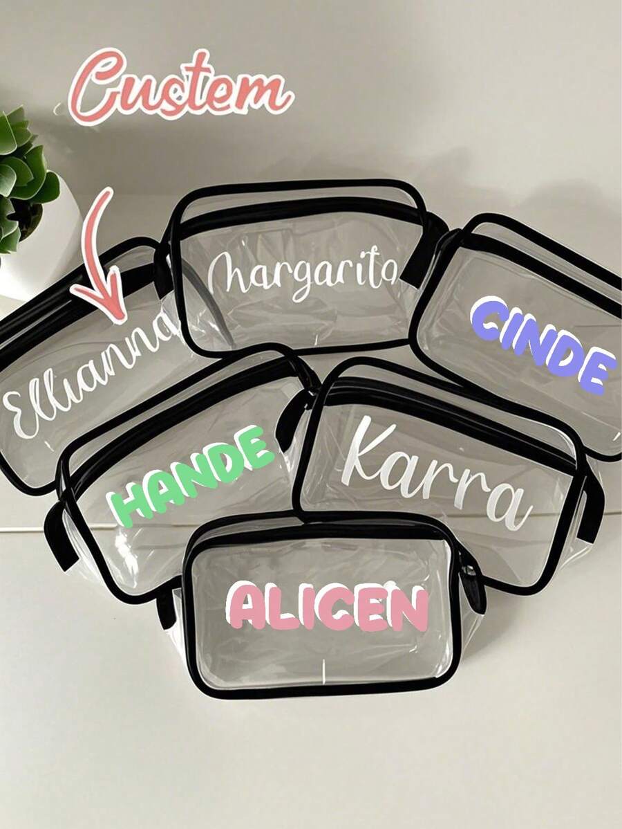 Personalized Name Cosmetic Bag, Transparent Waterproof Cosmetic Bag Toiletry Bag, PVC Zipper Transparent Storage Bag Portable Cosmetic Bag, Wallet, Card Holder, Lotion Storage Bag, Travel Storage Bag, Pen Bag