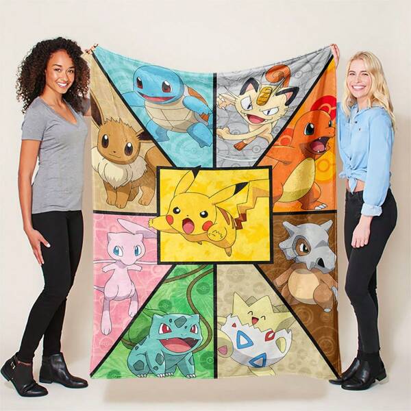 pokemon 1pc Pokemon Flannel Blanket | Made Of Multi-Color Polyester, Comfortable All Season | Suitable For Sofa, Bed, Travel And Camping | Featuring Cartoon Designs Of Ash, Pikachu, Charizard, Squirtle, Eevee, Mewtwo | Ideal Gift For Pokemon Fans