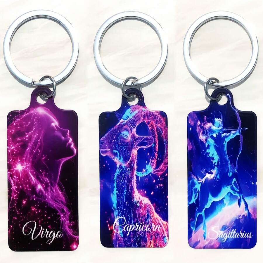 1pc Fashionable 12 Zodiac Sign Style Iron Painted Printed Double Sided Keychain Key Ring Bag Accessory, Suitable For Unisex Gift - Multicolor - View 1