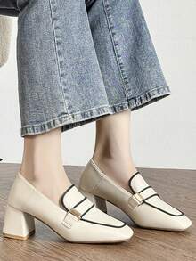 HanDuEke Pantofi de damă cu broderie cu toc înalt, bloc de culoare, 2025, vintage, versatili, cu toc gros, pantofi eleganti, bej