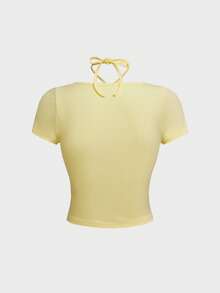 Women's Solid Color Lace Spaghetti Strap Slim Fit Tank Top, Simple Casual Cream Yellow T-Shirt, Versatile Fitted Summer Camisole