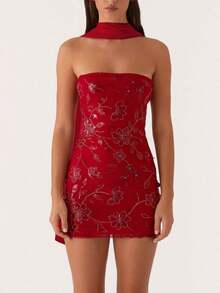 Women Sequin Sparkly Floral Tube Mini Dress With Scarf Y2k Sexy Pearl Embellished Bling Glitter Bodycon Dresses - Đỏ - Xem 1