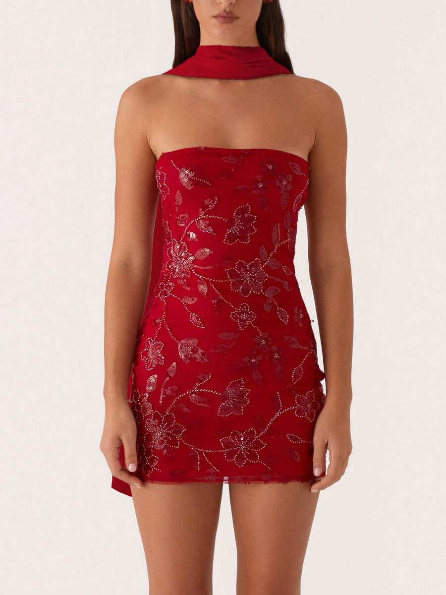 Women Sequin Sparkly Floral Tube Mini Dress With Scarf Y2k Sexy Pearl Embellished Bling Glitter Bodycon Dresses - Đỏ - Xem 1
