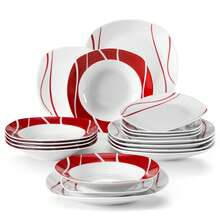 MALACASA 18 Pcs Porcelain Dinnerware Set, White Set, Squircle Plates With Red Corrugated Line And Red Border , Service For 6 Person, Dinner Plate, Dessert Plate And Soup Plate Set - White - View 2