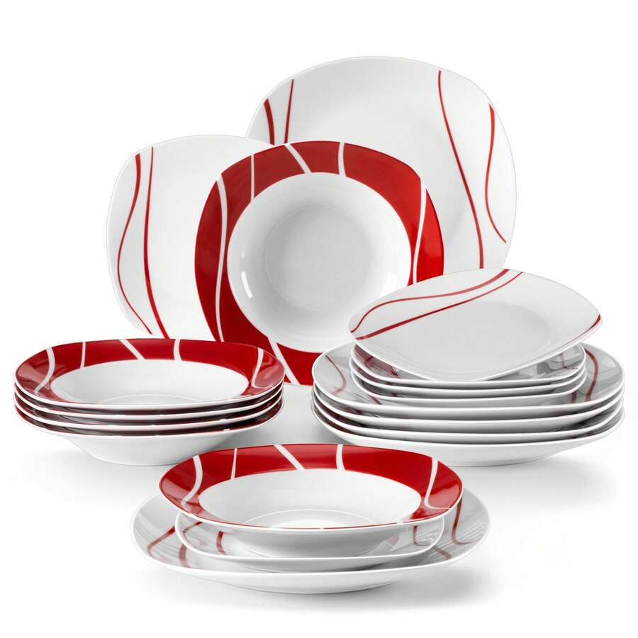 MALACASA 18 Pcs Porcelain Dinnerware Set, White Set, Squircle Plates With Red Corrugated Line And Red Border , Service For 6 Person, Dinner Plate, Dessert Plate And Soup Plate Set