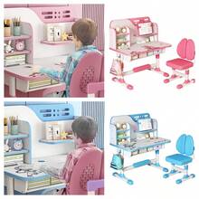 Premium Kids Study Desk Chair Set, Height Adjustable Children School Study Table Chair Set With Astronaut Pattern, Ergonomic Desk Chair With Large Writing Board, Bookshelf And Drawer (Pink, Blue) - Blue - View 2