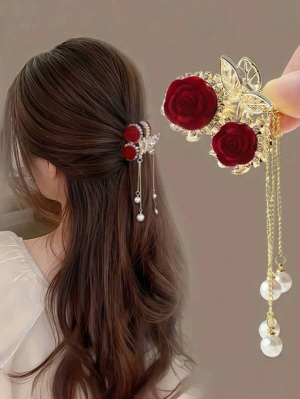 1 دبوس شعر أنيق مزخرف بأحجار الراين وشراريب بزهرة الورد، طراز فاخر متعدد الاستخدامات