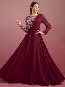 女士圆领纯色亮片刺绣荷叶边优雅长裙 - 酒紅色 - 查看 2