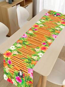 1pc Hawaii Table Runner, Toucan Flower Palm Leaf Pattern Polyester Table Cover, Hawaii Theme Party Decoration Table Cloth, Birthday Holiday Party Decoration Tablecloth, Hawaii Beach Party Decoration Table Set, Cabinet Decoration Cover, Kitchen Dining Room Decoration Table Flag, Summer Room Decoration Home Decoration Table Skirt, Summer Decoration, Summer Gift, Party Favor