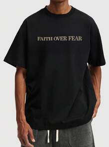 Men's Faith Over Fear Christian T-Shirt With Bible Verse Psalm 118:6 - Black & Golden Inspirational Print Casual Short Sleeve Round Neck Summer Tee For Casual Attire, Comfortable Home Apparel, Nontransparent Material