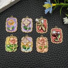 1 件装混合法式复古珐琅花卉油画吊坠圆形珍珠玫瑰合金精致优雅吊坠适用于 DIY 女士手链项链耳环钥匙扣珠宝制作工艺配件 - 彩色 - 查看 10