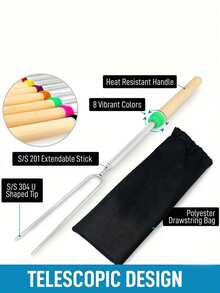 1 件彩色 32 英寸可伸缩棉花糖烘焙棒 - 耐用不锈钢 Smores 筷子，带木柄，适合露营、篝火和壁炉，包括方便的储物袋和篝火配件