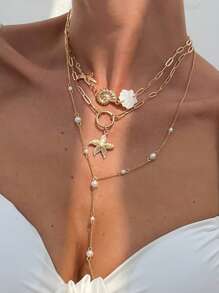Juego de 3 collares tipo Y de estilo bohemio con colgantes de estrellas de mar y conchas marinas, perlas artificiales elegantes y vintage para mujer, decoración diaria y festiva
