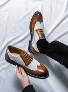 Men's Formal Dress Shoes, Vintage-Style Patchwork Oxfords, Casual Formal Wear Shoes, Suitable For Weddings And Photography Shoots