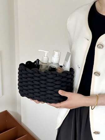 1 pieza Cesta de almacenamiento tejida de cuerda de algodón para el hogar, caja de almacenamiento de cosméticos y lápices labiales, cesta de almacenamiento para paleta de sombras de ojos, cesta de almacenamiento de productos para el cuidado de la piel y aperitivos para el porche y la mesita de noche, cesta de almacenamiento para el escritorio