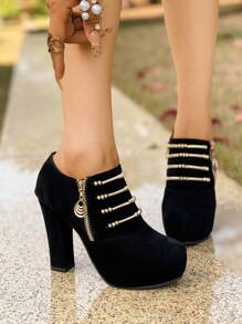 Spring Autumn New Black Thick Heel High Heel Shoes For Women, Suede Fabric Beaded Side Zipper Comfortable Office Heels