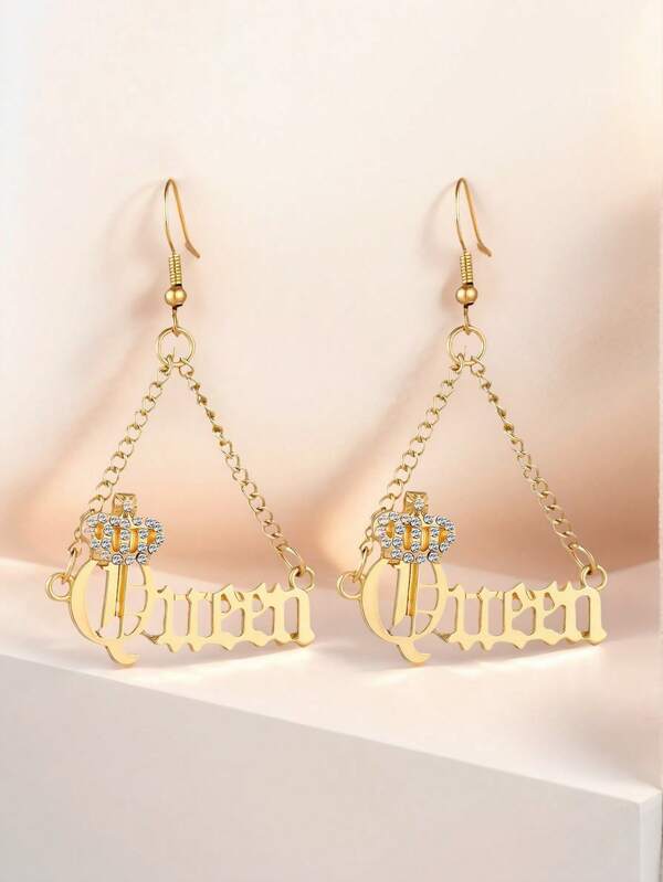1 Pair Elegant Gold Crystal Crown "Queen" Pendant Earrings, Suitable For Women's Daily Wear