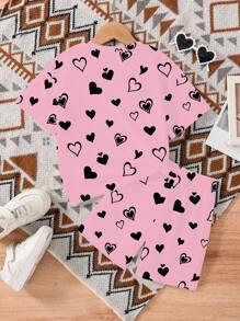 Set di top a maniche corte e pantaloncini con stampa di gatti per bambine e ragazze piccole