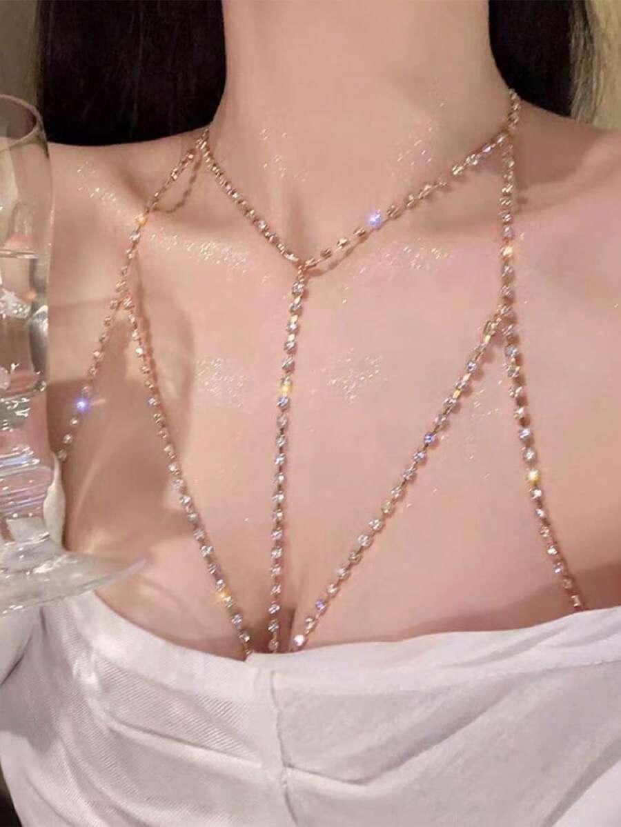 1pc Rhinestone-Studded Body Chain Necklace, Fashionable & Sensual, Suitable For Women Daily Wear - Gold - View 1