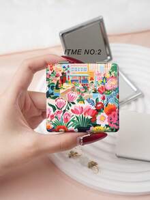 INS Series Foldable Compact Lightweight Convenient Hand Mirror, Suitable For Various Scenes And All People, Foldable Square Portable Pocket Mirror With Cartoon Coconut Tree And Flower Patio Pattern Design, Delicate Folding Structure, Durable And Reliable, Drop-Resistant, Convenient To Carry, 180° Flip Cover Multi-Function Mini Mirror - Multicolor - View 7