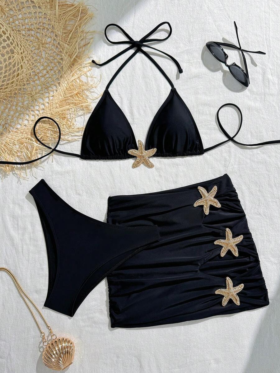 3pcs/Set Starfish Halter Bikini Set With Tie Back Sexy Ruffle Backless Swimwear - Black - View 1
