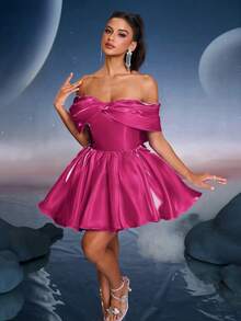 Women's Plain Shoulder Ruffle Elegant Fashion Dress, Party Dress, Prom Dress - Hot Pink - View 11
