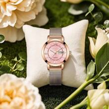 BIDEN BIDEN Fashionable Women's Quartz Watch, Waterproof Calendar Stainless Steel Mesh Strap, Elegant Women's Watch, Rose Gold Women's Clock