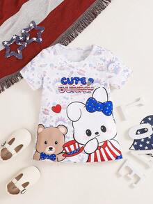 婴幼儿女孩休闲卡通熊印花 T 恤连衣裙，适合派对和节日