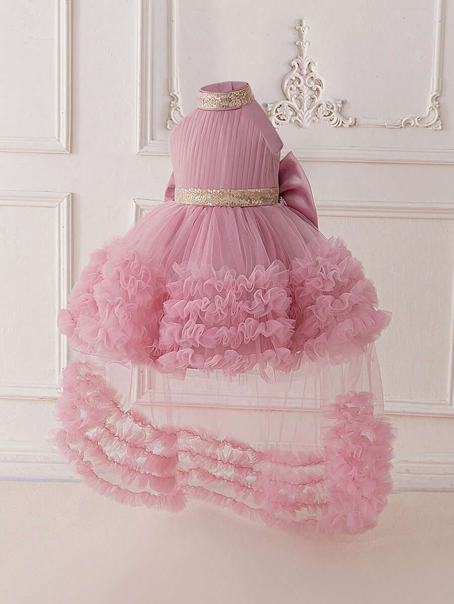 Baby Girl Halter Neck Sequin Mesh Back Bow Cute Flower Girl Train Dress, Headband Not Included - Dusty Pink - View 1