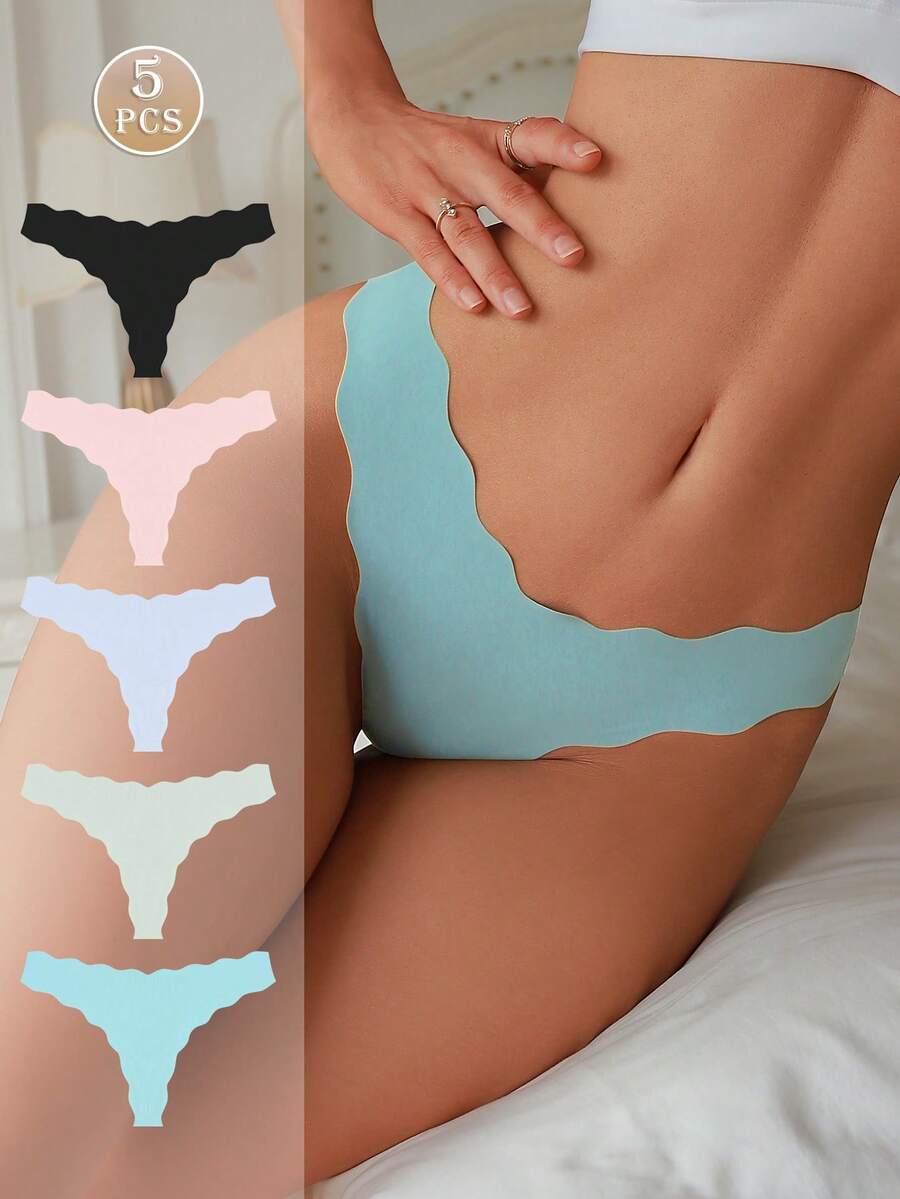 5 Pcs V-Shape Waist Wave Design Seamless Low Waist Sexy Thong Panties For Women - Multicolor - View 1