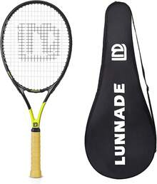 LUNNADE - Raqueta de Tenis para Adultos de 27 Pulgadas, a Prueba de Golpes, de Fibra de Carbono, Ligera, preencordada y Regenerada, Adecuada para Principiantes a Jugadores intermedios - Negro+amarillo - Ver 11