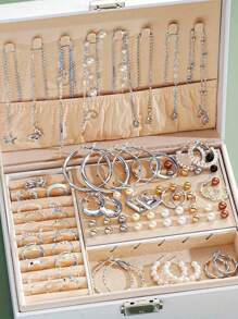 86 Stücke/Set elegante Ohrringe mit Kunstperlen, mehrschichtige Halskette, Ohrringe, Ringe 4-in-1 Schmuckset, ideales Geschenk für Mädchen, für den täglichen Gebrauch & Pendlerbetrieb (ohne Geschenkbox)
