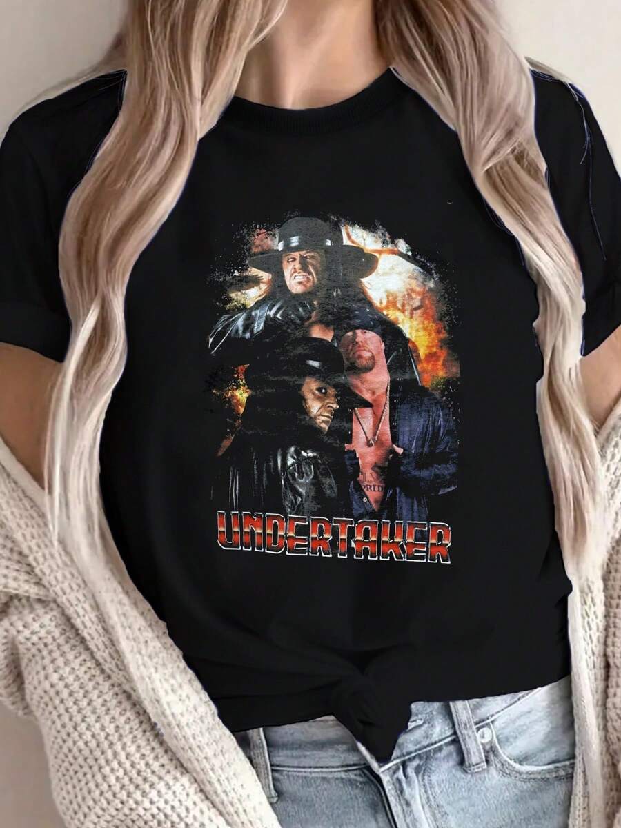 Camiseta con temática de Undertaker ,Camiseta informal de algodón de verano para mujer, de manga corta y cuello redondo, 220 g/m² (1 pieza) - Negro - Ver 1