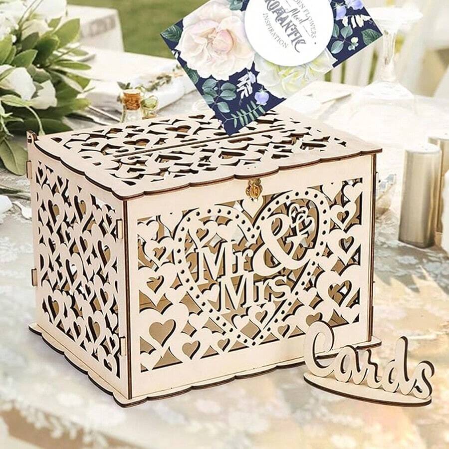 1 set scatola portacarte da matrimonio in legno con serratura e portacarte, portacarte e portadanaro stile country per matrimonio, scatola regalo da matrimonio per ricevimento, anniversario, addio al nubilato, festa, richiede assemblaggio