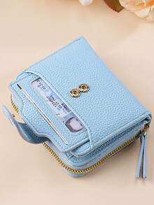 New Lychee Texture Solid Color Short Women Wallet, Korean Style Snap Button Coin Purse, Multifunctional High-End Wallet For Women Wallet Mini Wallet Purse Wallet Small Wallet - Blue - View 6