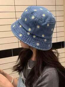 1件裝 夏季女款刺繡雛菊遮陽帽 寬帽簷時尚水桶帽 適合戶外旅行、購物、海灘及日常穿搭 - 彩色 - 查看 4