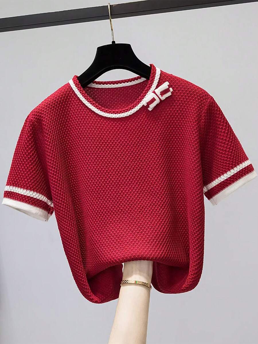 Round Neck Short Sleeve Pullover Versatile Knit Top For Women, Spring/Summer - Red - View 1
