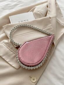 Women's Heart Crystals Embellished Handbag, Elegant Solid Color Shoulder Bag For Banquet - Pink - View 9