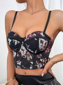 1pc Elegant Sexy French Sheer Floral Fishbone Pattern Fitted Bustier Cami With Padding, Summer