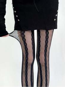 1 pieza Medias de mujer con tejido de punto de cable, de malla fina con estampado de rayas verticales de encaje calado, transpirable, transparente, de estilo gótico oscuro, sexy, de ajuste ceñido
