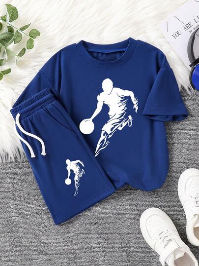 青少年男孩卡通图案印花圆领短袖 T 恤和短裤套装