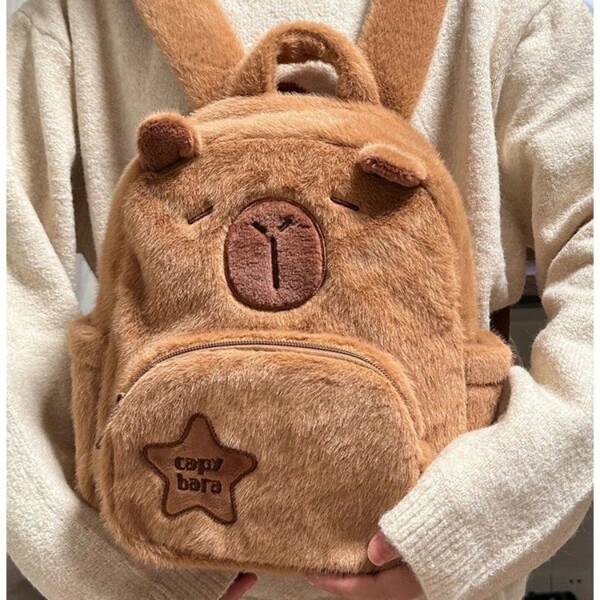 1pc Cute Capybara & Dolphin Plush Backpack, Casual Cartoon Fashion Bag With Adjustable Strap, Zipper Closure Polyester Lining, Lightweight And Easy Care, Suitable For Daily Commuting