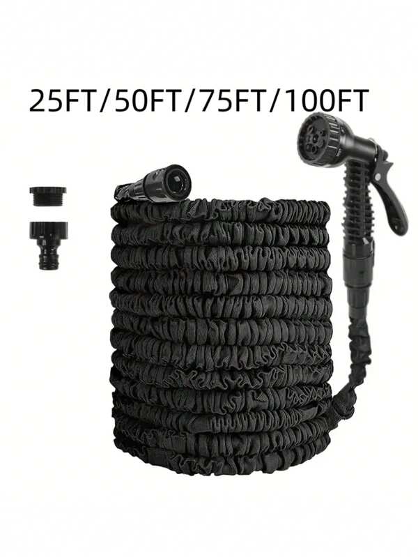 3X Telescopic Heavy-Duty Rubber Garden Hose With High-Pressure Water Gun - 3/4 Inch All-Season Outdoor Hose For Car Wash, Lawn Care & Yard Work, Includes European Thread Adapter