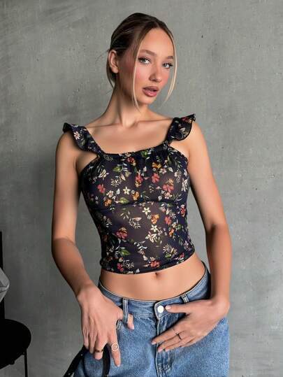 Blusa floral tejido vaporoso semi transparente romántico tirantes escarola fresco calor día comida evento playa jardín fiesta dama mujer primavera verano