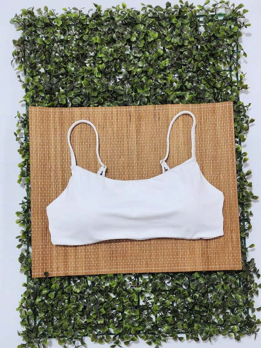Bikini Top Simple Bandeau Thin Straps With Removable Pads And Separate Polyamide Adjuster - White - View 1