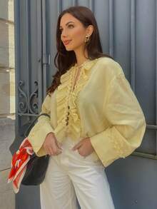MUMRAP Women Fashion Solid V Neck Ruffles Shirts Summer Lace Up Loose Long Sleeve Blouse - Màu vàng - Xem 3